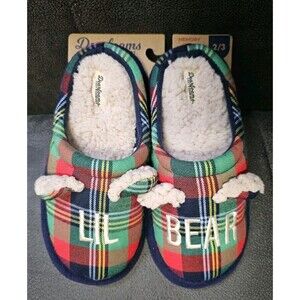 Kids Slippers Size 2/3 Lil Bear Plaid Dearfoams Memory Foam Slip Resistant